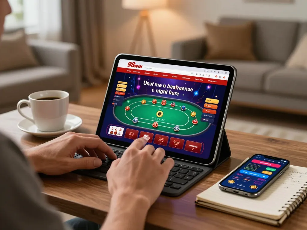Player engaging with 98win online casino interface showcasing a vibrant poker game.