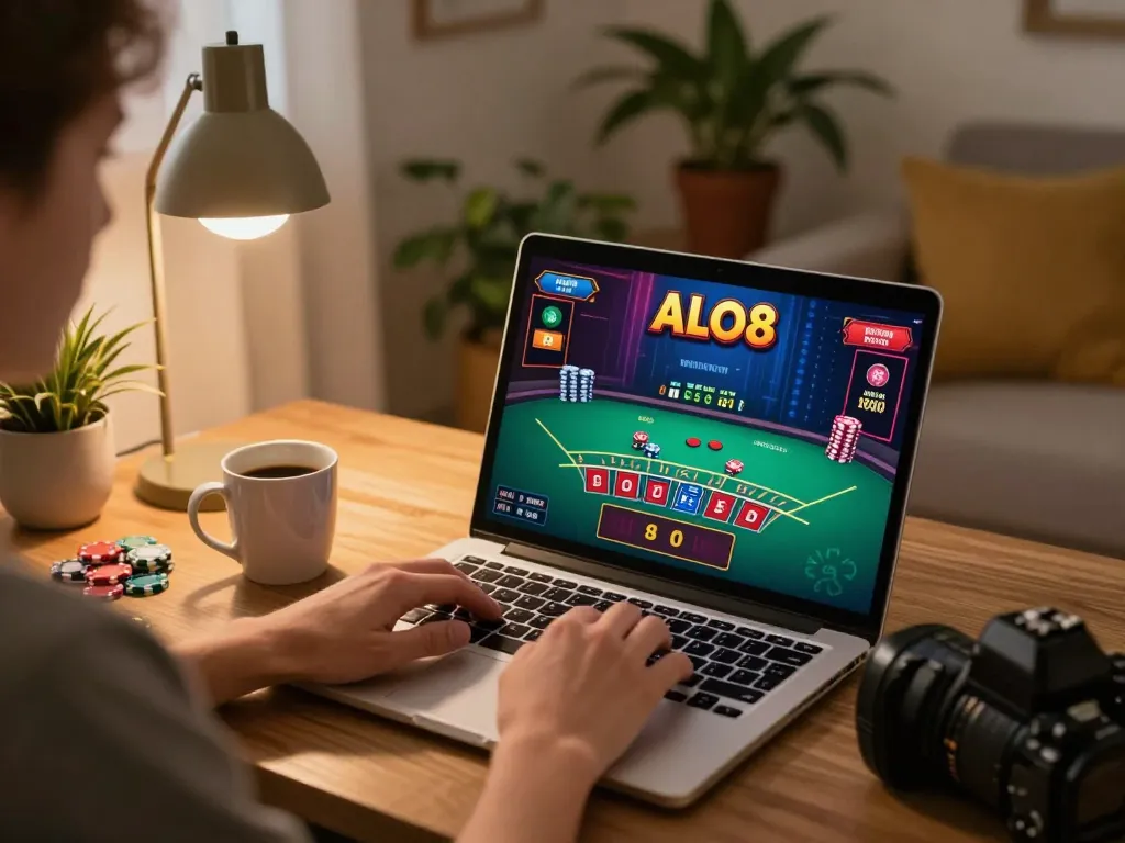Person playing blackjack on ALO8 online casino platform with engaging interface