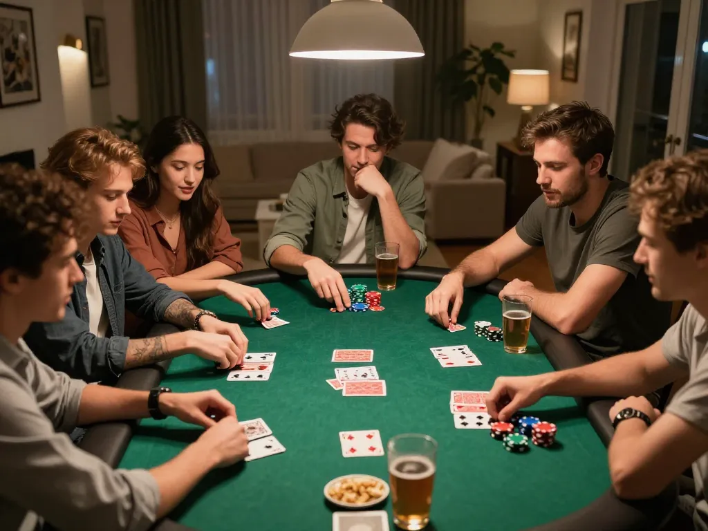 FABET poker night depicts friends competing at home poker table, showcasing strategic gameplay.
