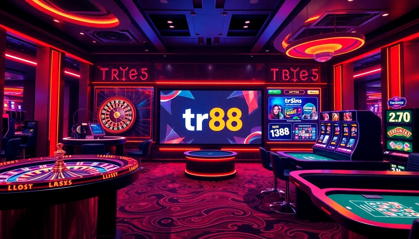 Experience tr88's online gambling excitement with vibrant casino tables and promotional displays.