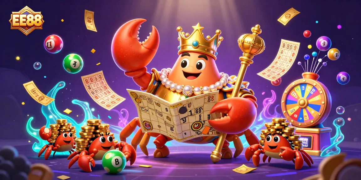 Engage with games on EE88, featuring a golden crab emperor in a vibrant casino-themed illustration.