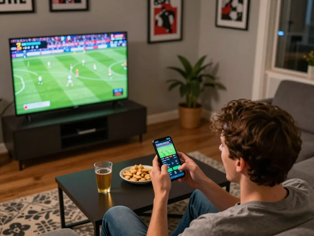 Person engaging in sports betting on ALO8 app while enjoying a live game at home, showing excitement and integration of technology in gaming.
