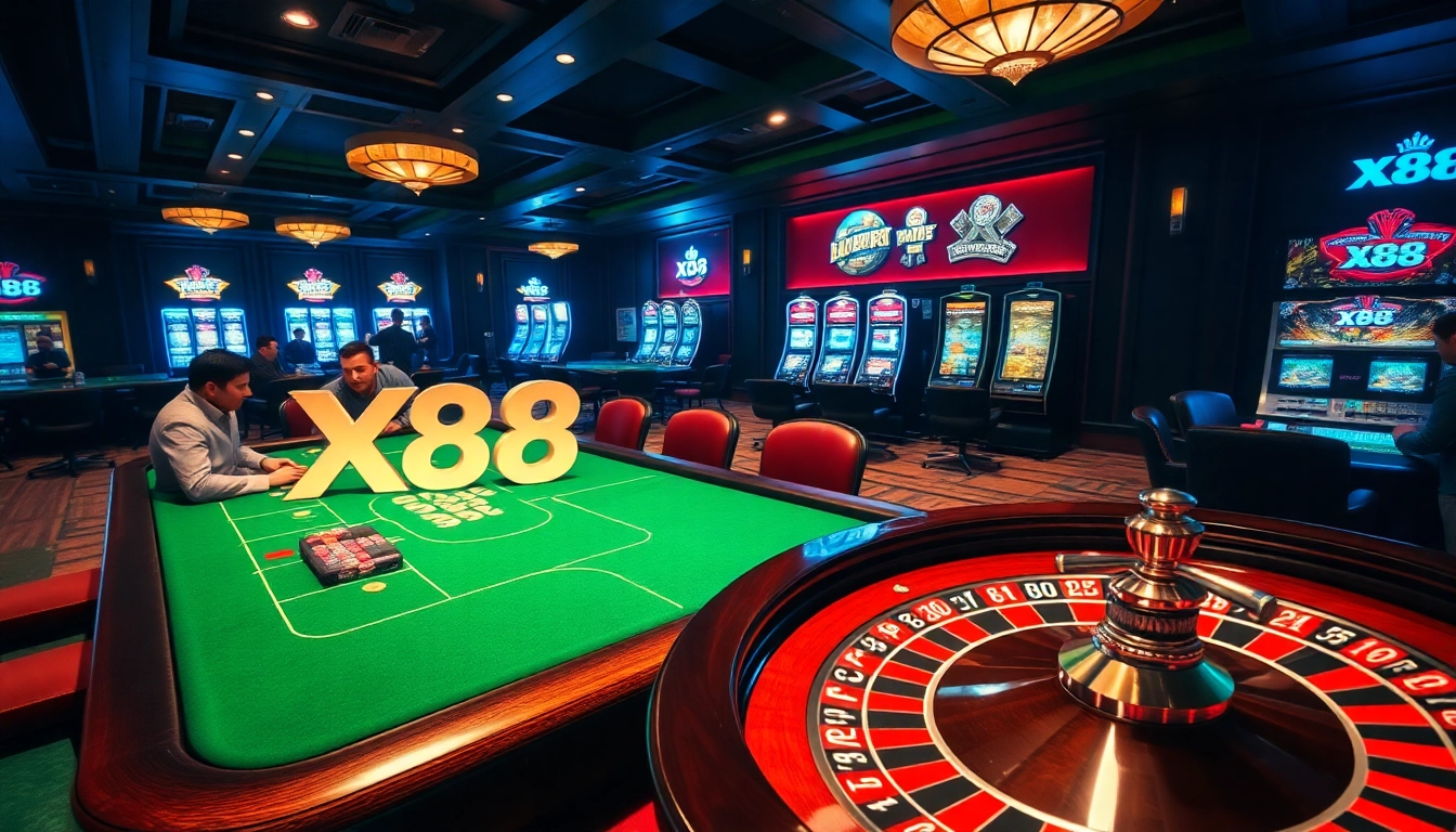 Experience the thrill of X88 with vibrant casino tables and slot machines.