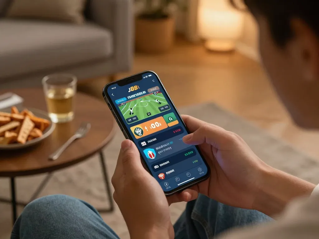 Experience J88 mobile betting with a smartphone in a cozy home setting, engaging in casual gambling.