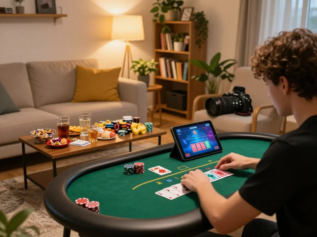 Play poker online on 68gamebaivn with a tablet in a cozy home setting, showcasing strategic gameplay.