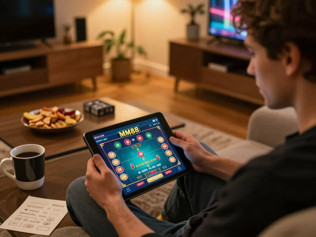 MM88 user engaging with online live dealer game on tablet in cozy home setting