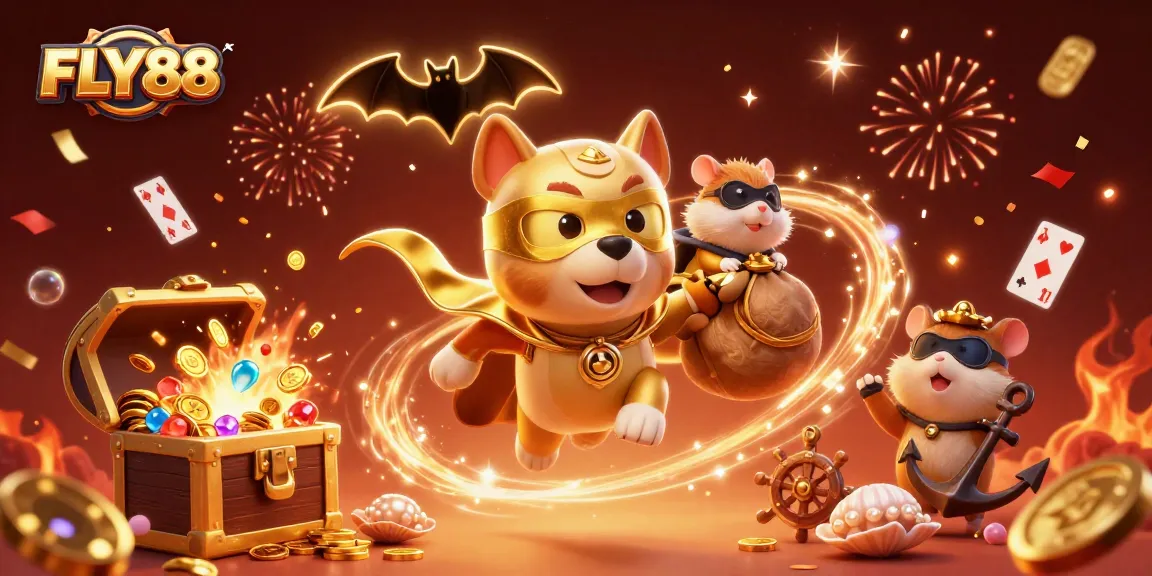 Experience thrilling gameplay at FLY88 with a dynamic illustration of a superhero dog and hamster celebrating wins.