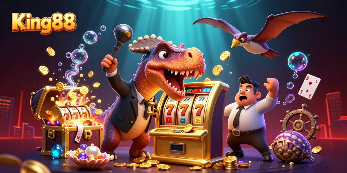 King88 offers thrilling gameplay with a pachycephalosaurus winning a jackpot from a golden slot machine.