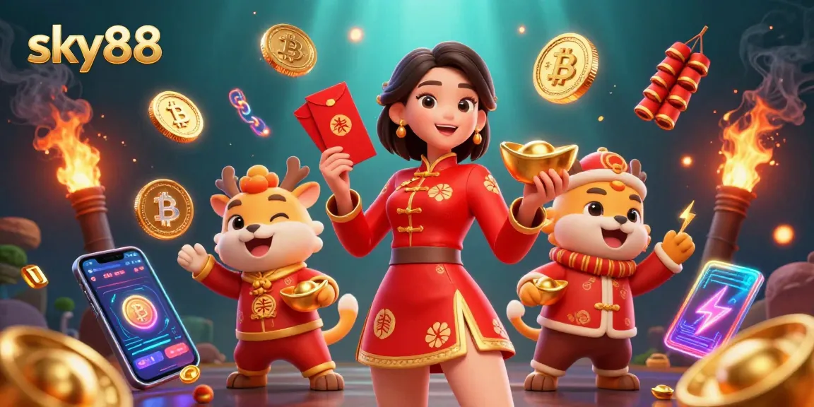Experience the excitement of Sky88 as a vibrant Asian woman showcases jackpots and festive elements in an electrifying gaming scene.