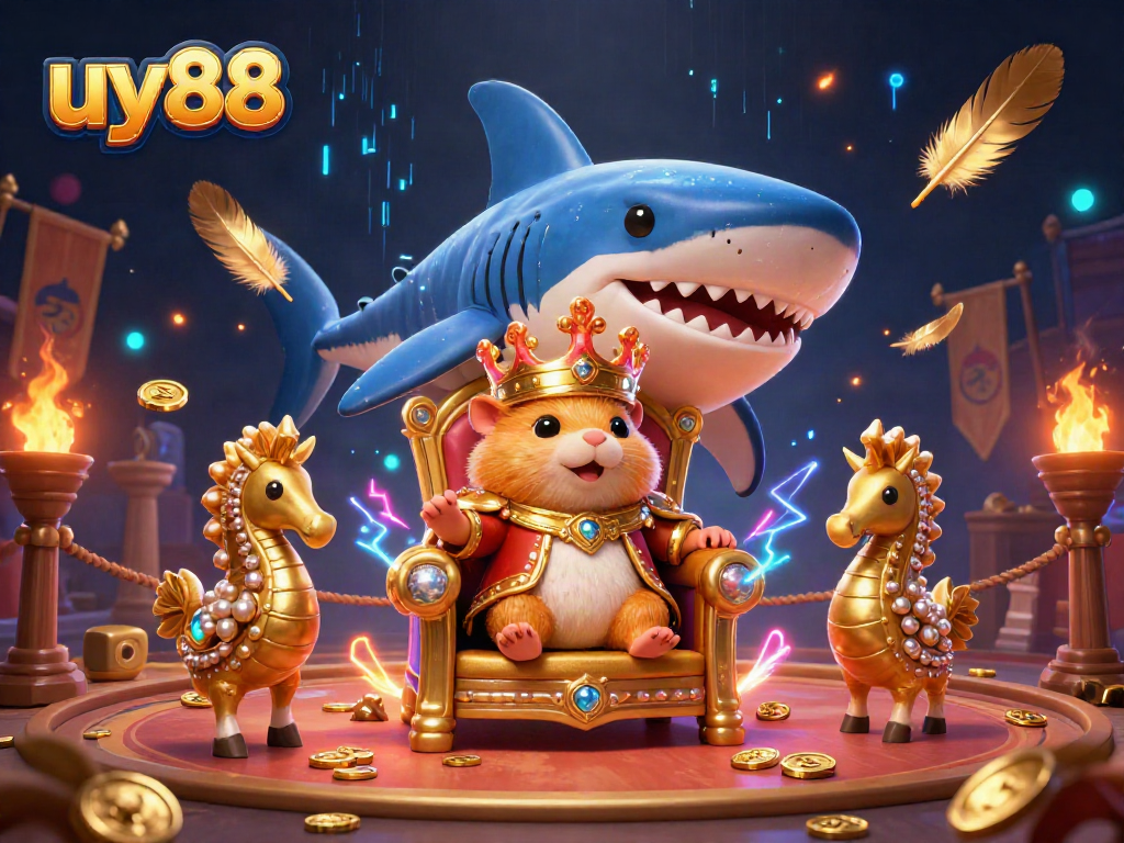 Experience the vibrant gambling action with uy88's casino-themed 3D illustration showcasing a golden hamster king.
