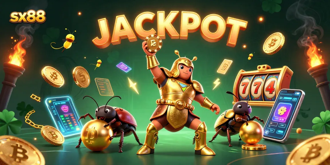Experience thrilling gameplay at sx88 with a victorious hercules beetle lifting a poker chip in a dynamic casino setting.
