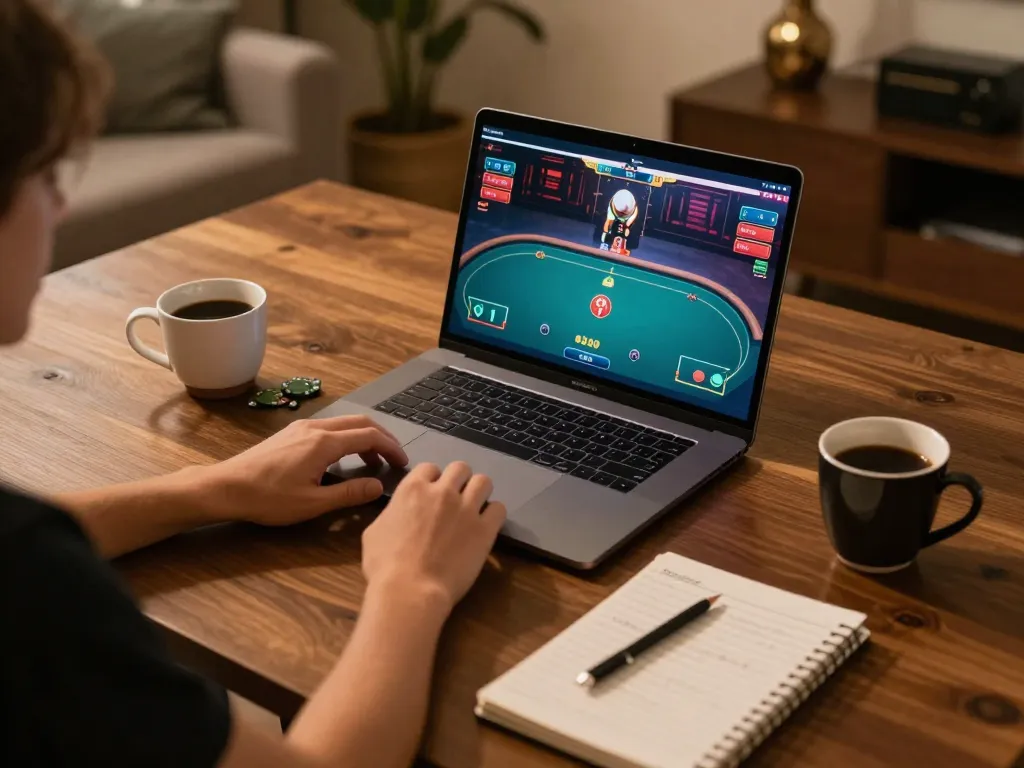 Engage in strategic online poker gameplay with 789WIN in a cozy home setup featuring warm lighting.