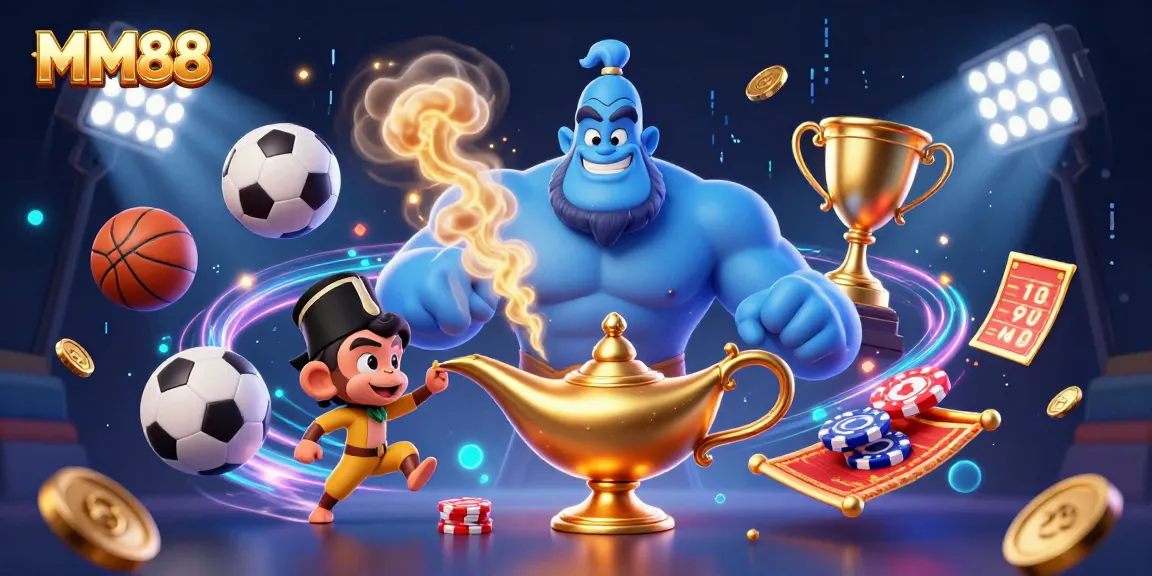 Experience excitement with MM88 in a vibrant casino scene featuring a magical genie and dynamic sports elements.