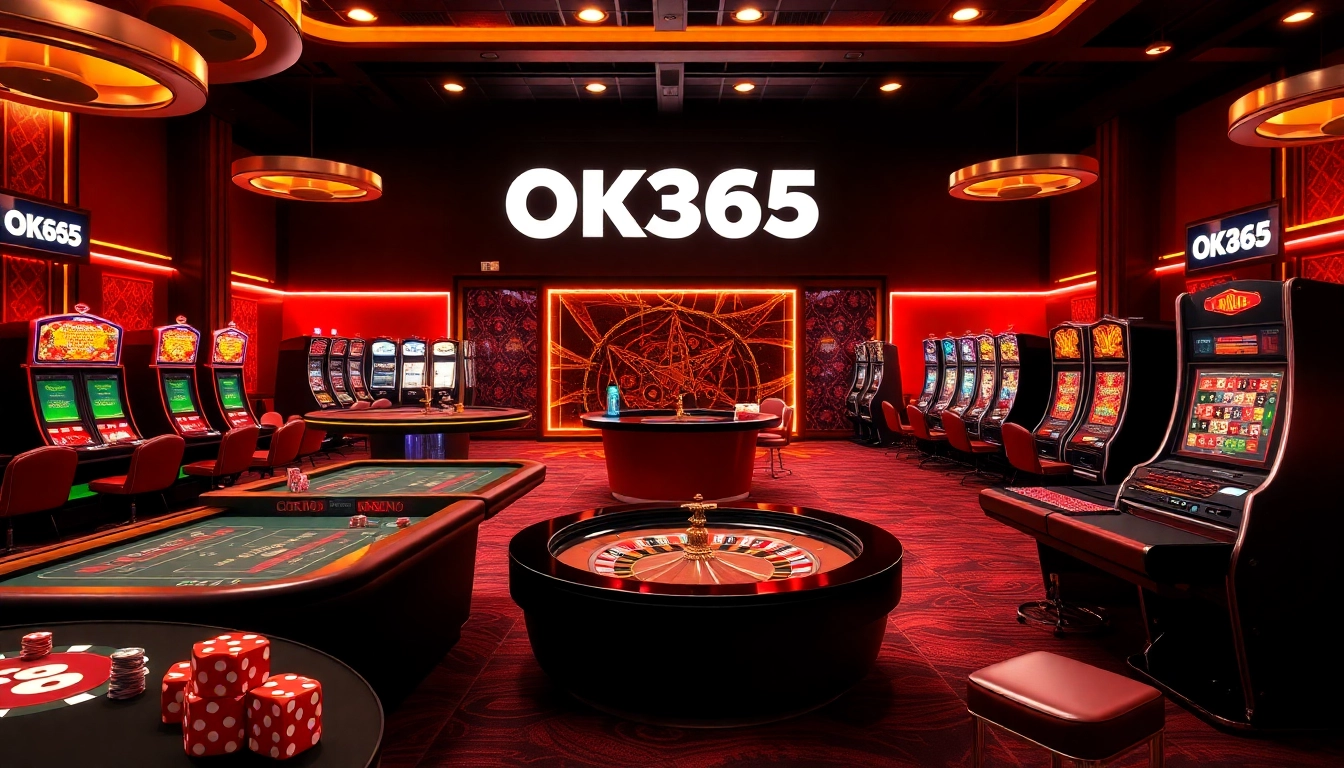 Exciting online gambling scene with vibrant casino tables featuring OK365 branding and interactive gaming elements.