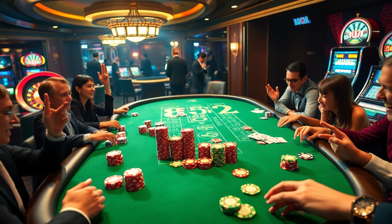 Players enjoying a thrilling poker game at a B52 casino table amidst luxurious surroundings.
