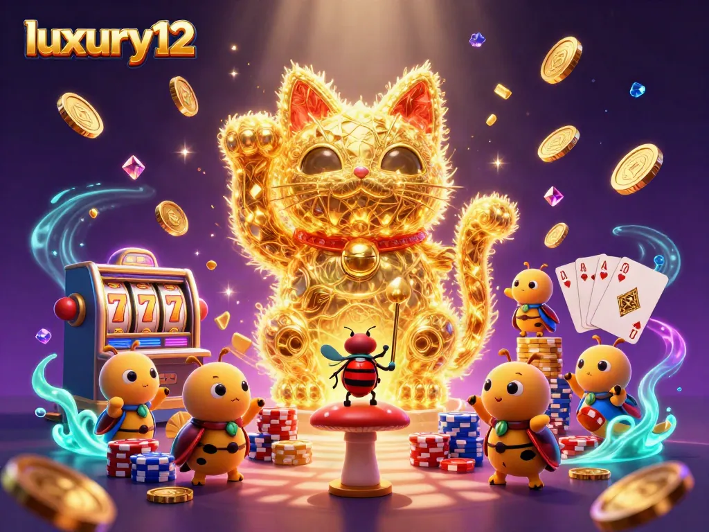 Experience the excitement of luxury12 slots with a captivating lucky cat illustration illustrating casino symbols.