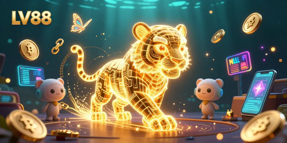 Engage with LV88 in this vibrant 3D casino illustration featuring a golden tiger and digital elements.