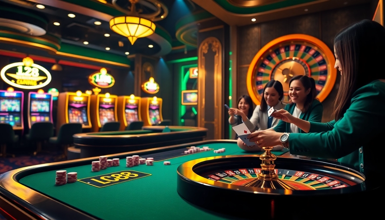 Players enjoy thrilling games at the LC88 casino, showcasing vibrant casino tables and illuminated slot machines.
