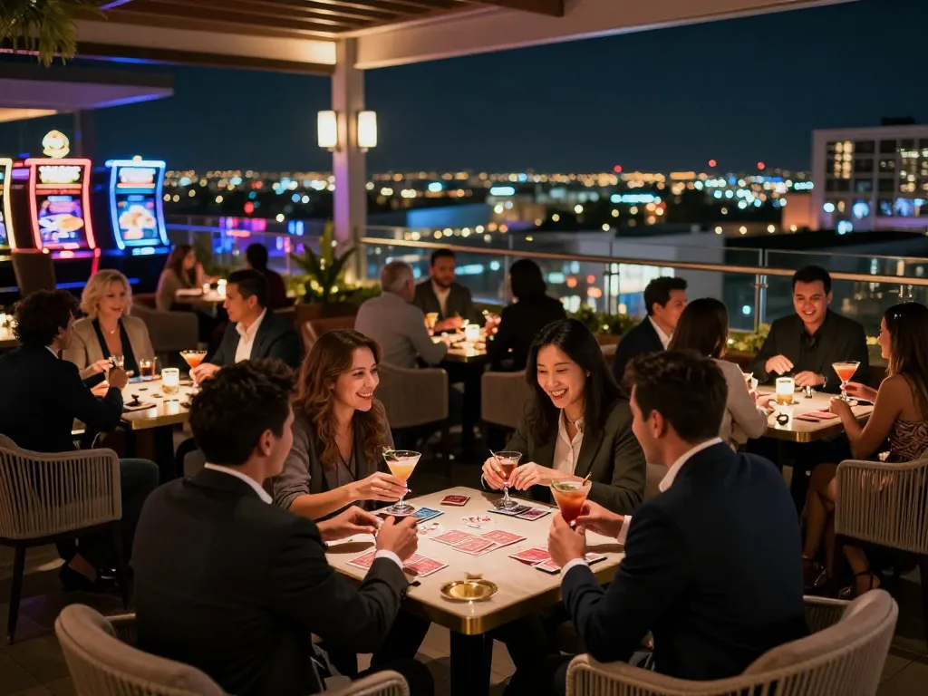 Players enjoying nightlife and gaming at 789win's elegant casino lounge with stunning city views