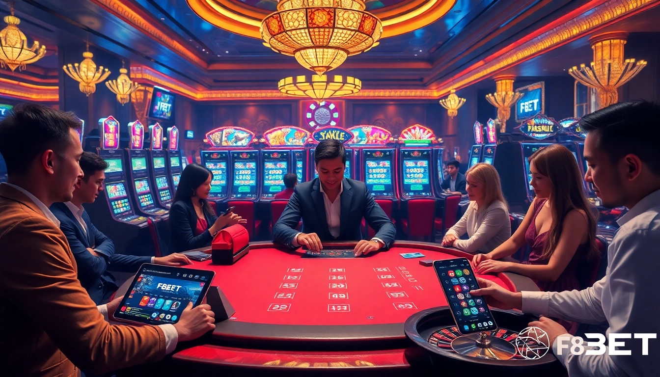 Excited players enjoying F8BET gaming tables with luxury atmosphere.