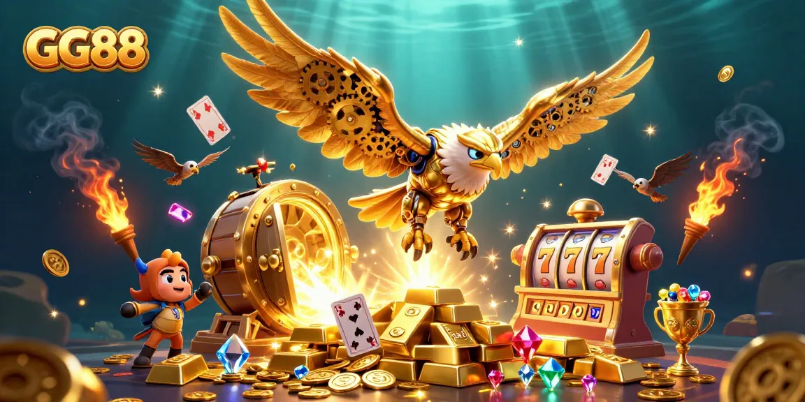 GG88 showcases a thrilling slot experience with a cybernetic eagle surrounded by shimmering treasures.