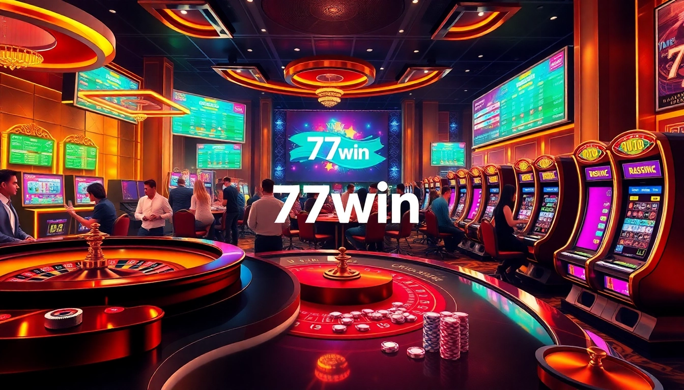 Experience thrilling gameplay at 77win with vibrant casino scenes featuring poker chips and roulette.