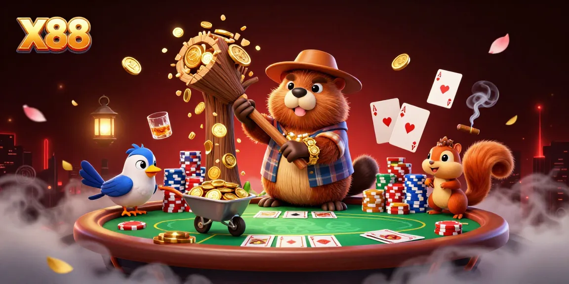 X88 offers thrilling gameplay with a vibrant casino scene featuring animated characters and poker elements.