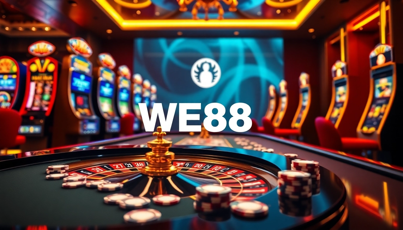 Players engaging in thrilling casino games at WE88 online, featuring a roulette wheel and vibrant slot machines.