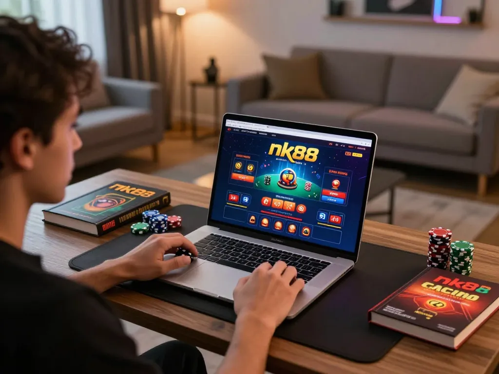 Engaged user plays nk88 online casino game on sleek laptop with strategy notes nearby.