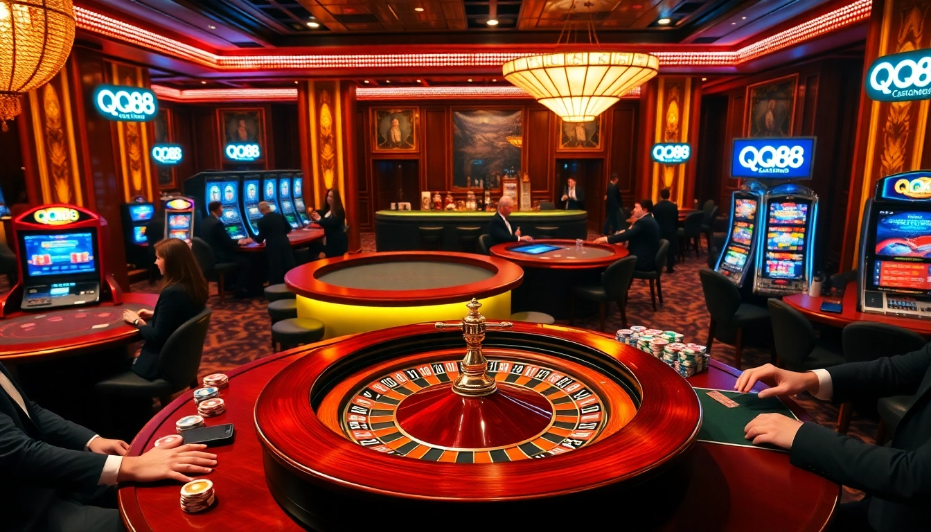 Players engaging in a thrilling roulette game at QQ88 casino, surrounded by vibrant slot machines and poker chips.