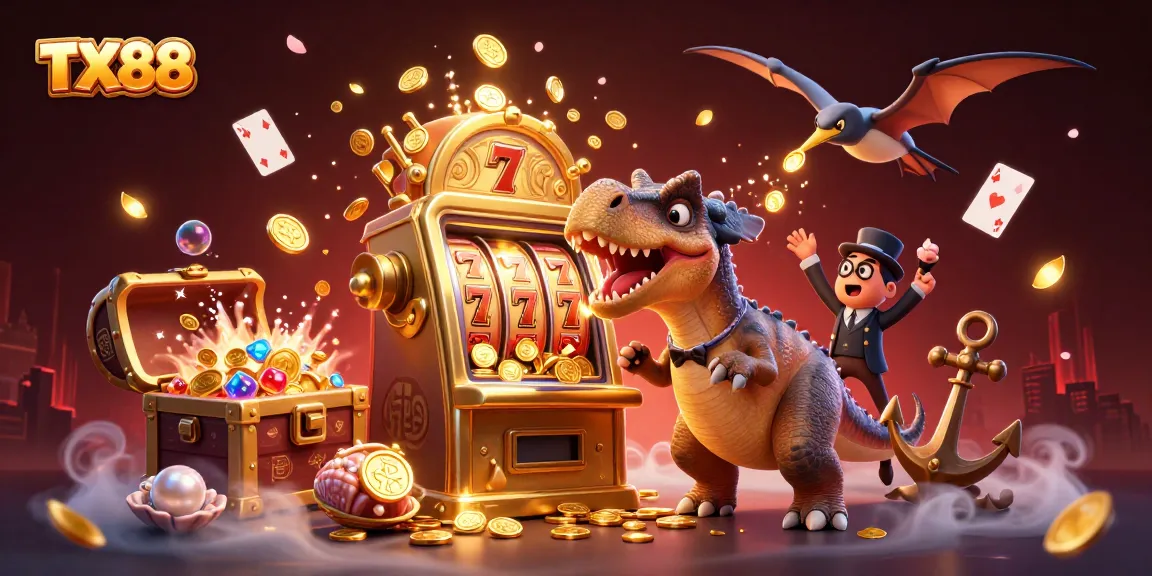 TX88 jackpot scene with a dinosaur winning on a slot machine amidst flying coins and vibrant casino elements