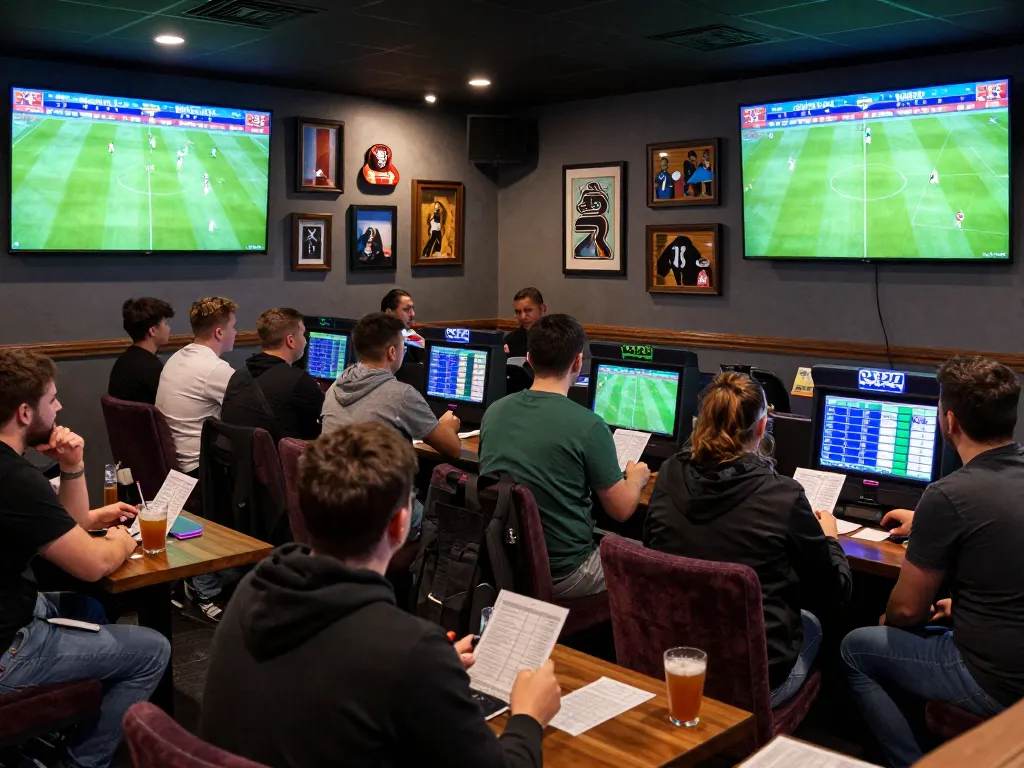 Engaged fans betting on kết quả bóng đá in a lively sports bar, excitement and screens visible.