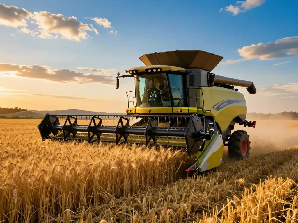 New Holland TR88 combine harvester working in golden wheat field during sunset
