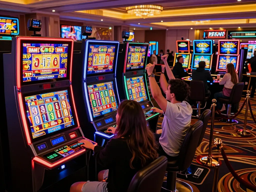 Players celebrating wins at colorful slot777 machines in an exciting casino environment.