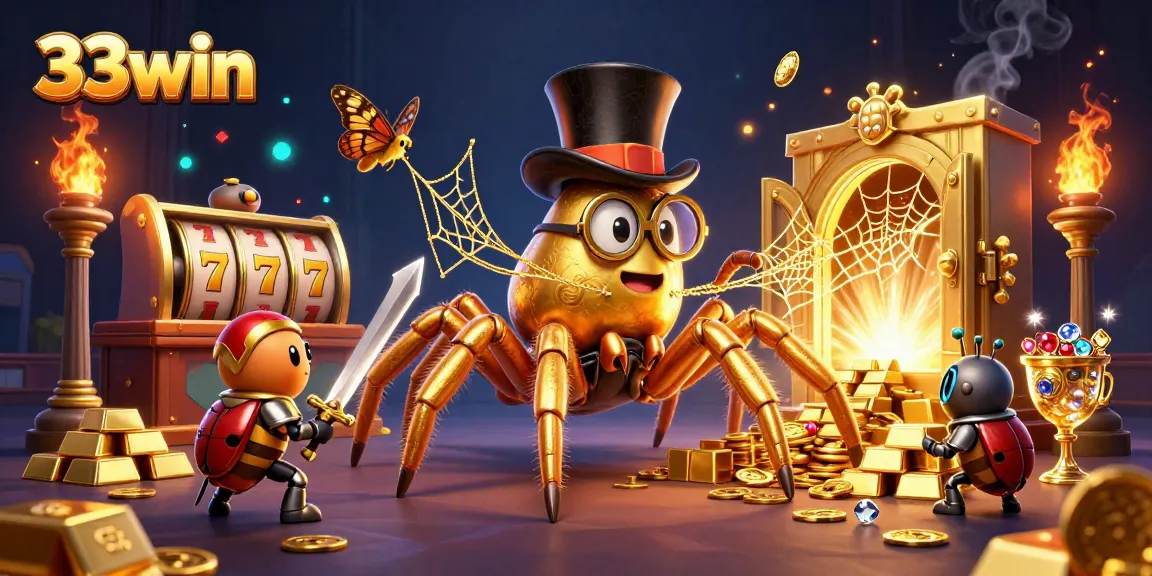 Experience thrilling gaming moments with 33win's vibrant casino scene featuring a golden tarantula and beetle knight.
