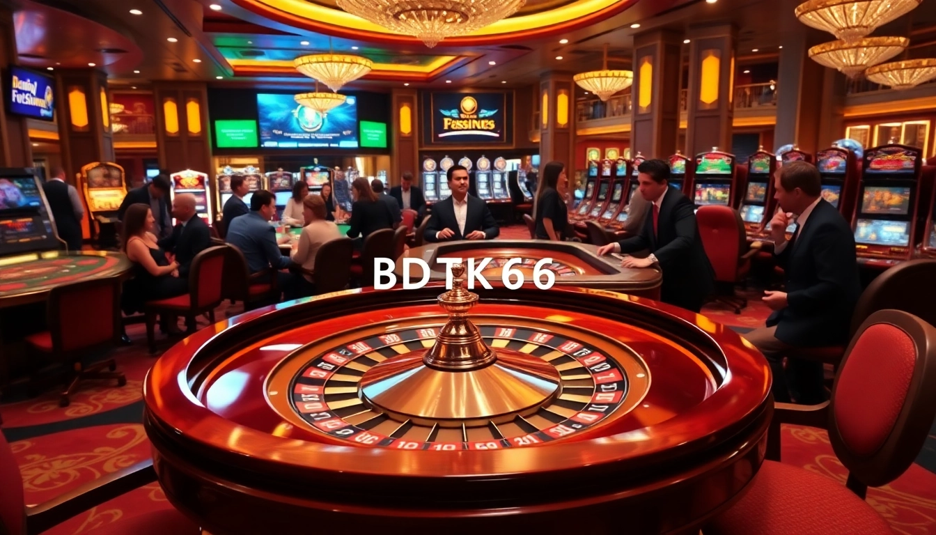 Experience the thrill of BDTK66 at a luxurious casino with roulette and vibrant slot machines.