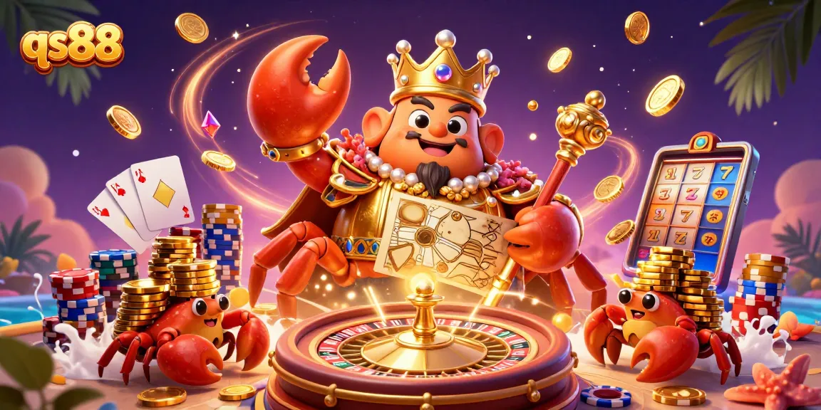 Experience qs88 gaming with a majestic crab emperor and treasures in a vibrant casino scene.