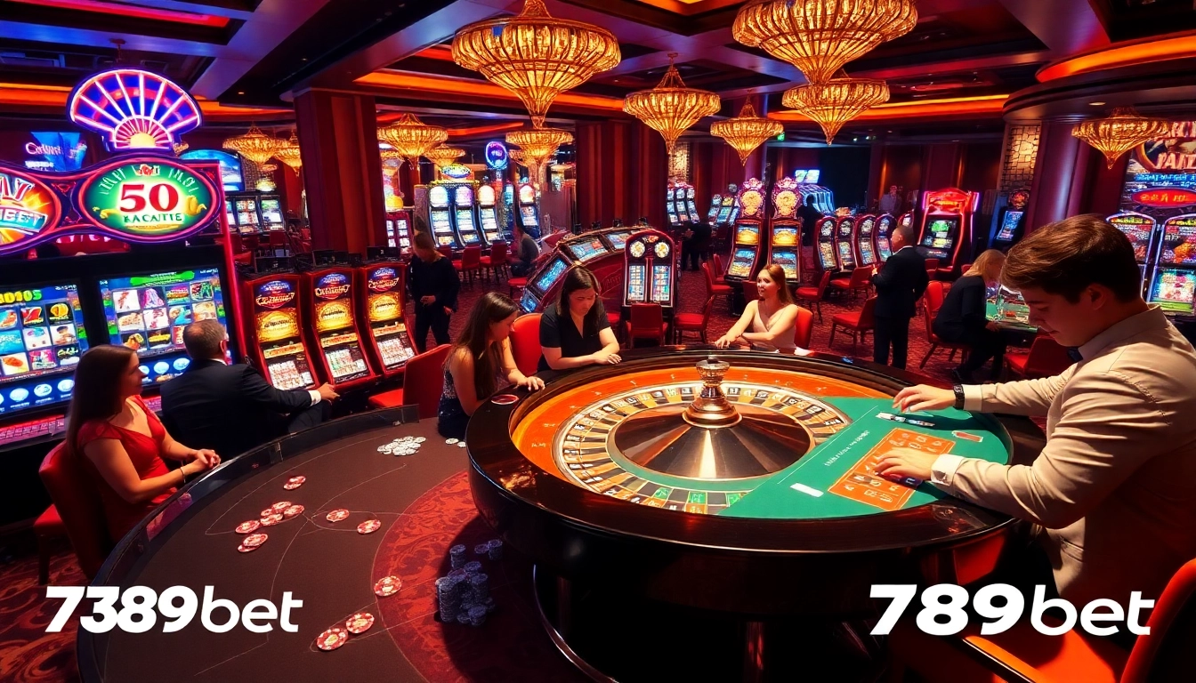 Experience the excitement of 789bet with players enjoying roulette and slot machines in a luxury casino setting.