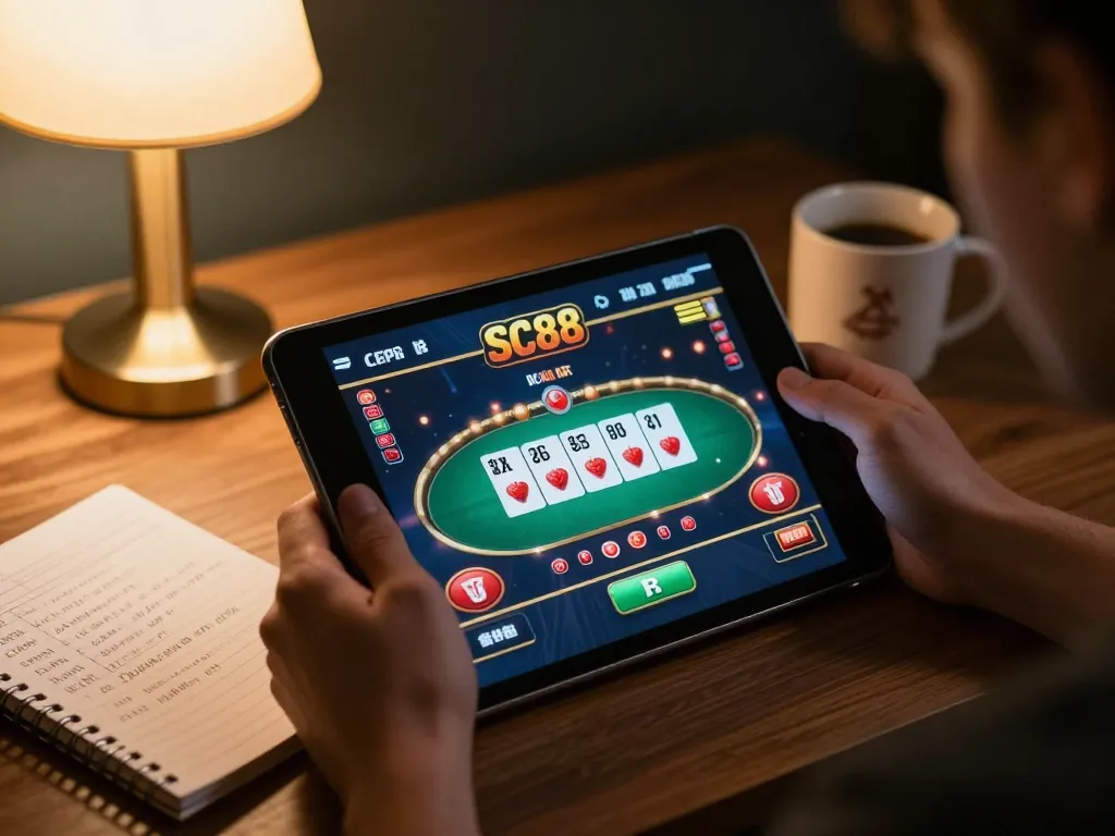 Engaging user playing SC88 online poker on a tablet in a stylish home setup.
