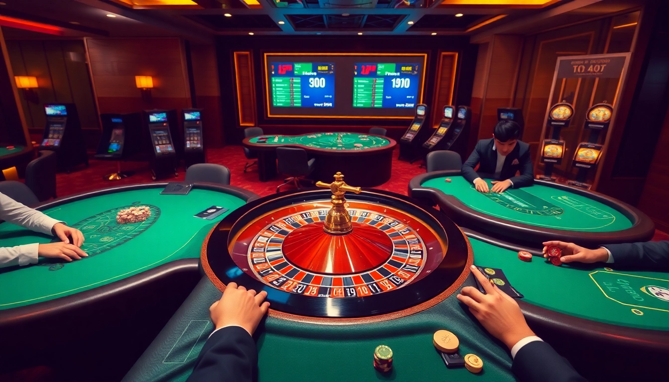 Engaging scene showing tỷ lệ nhà cái at a luxurious casino with roulette, poker tables, and excited players.