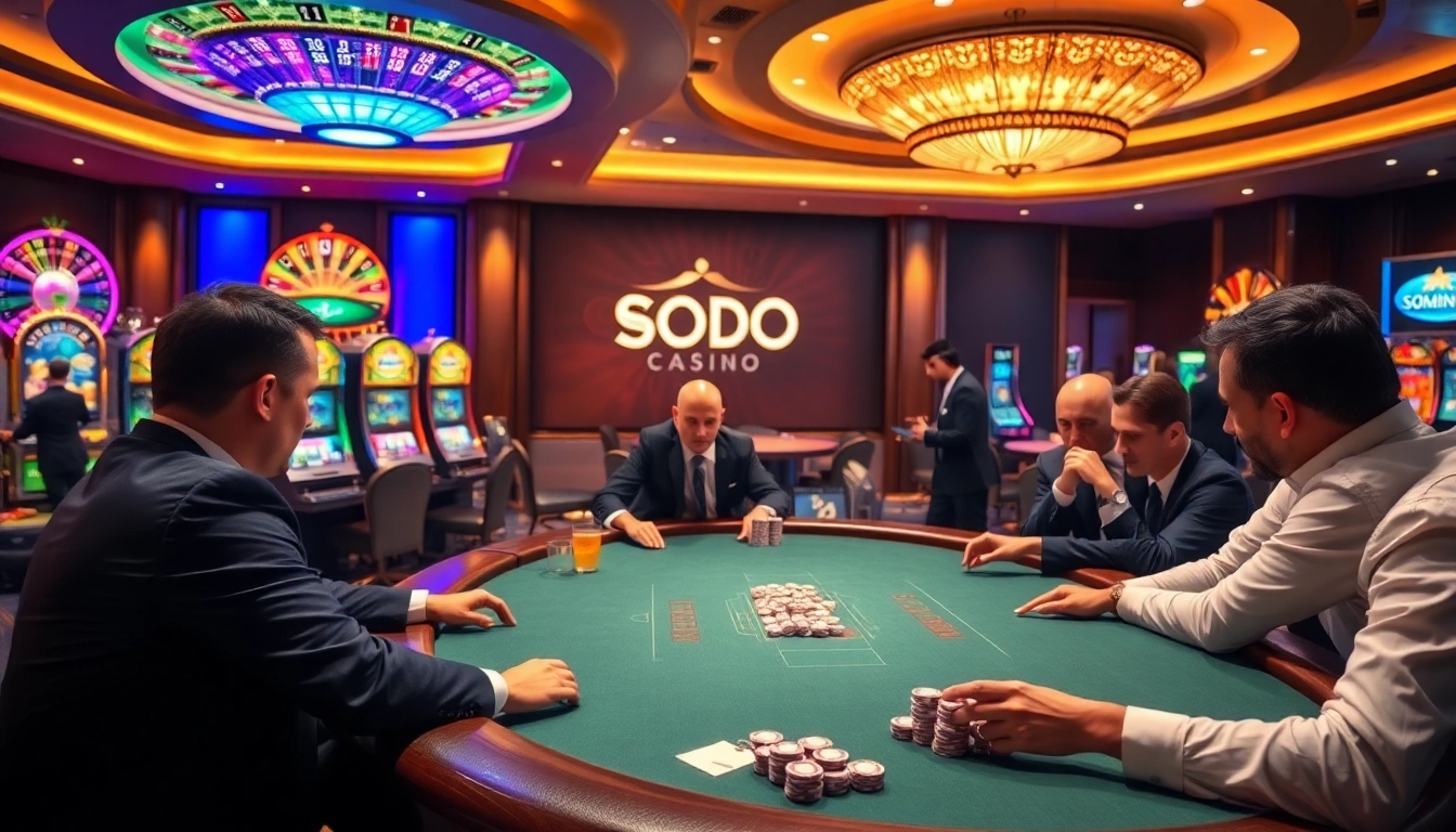 Engaging players at SODO CASINO enjoying a high-stakes poker game with vibrant casino elements.