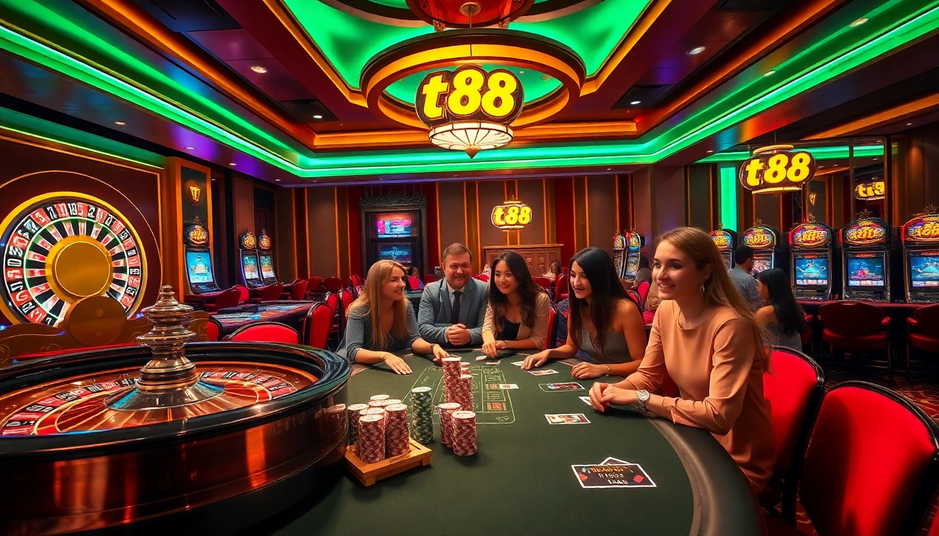 Players experiencing the excitement of tr88 at a luxurious casino table with vibrant lights.