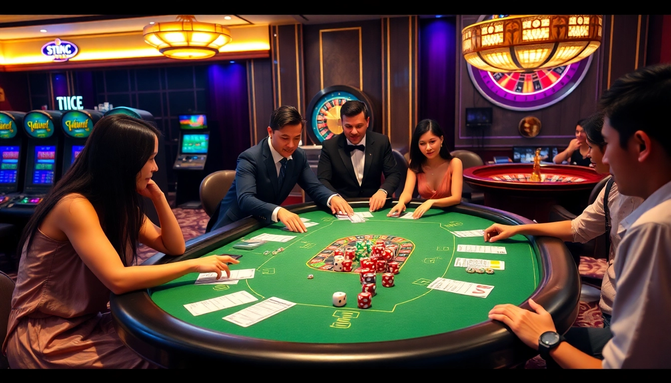 Xóc đĩa online players strategizing at a vibrant casino table.