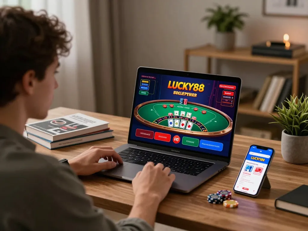 LUCKY88 user engaged in online blackjack session at home, showcasing a modern gaming setup