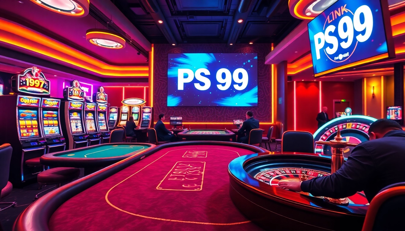 Betting at a casino featuring the link PS99 displayed prominently on digital screens.