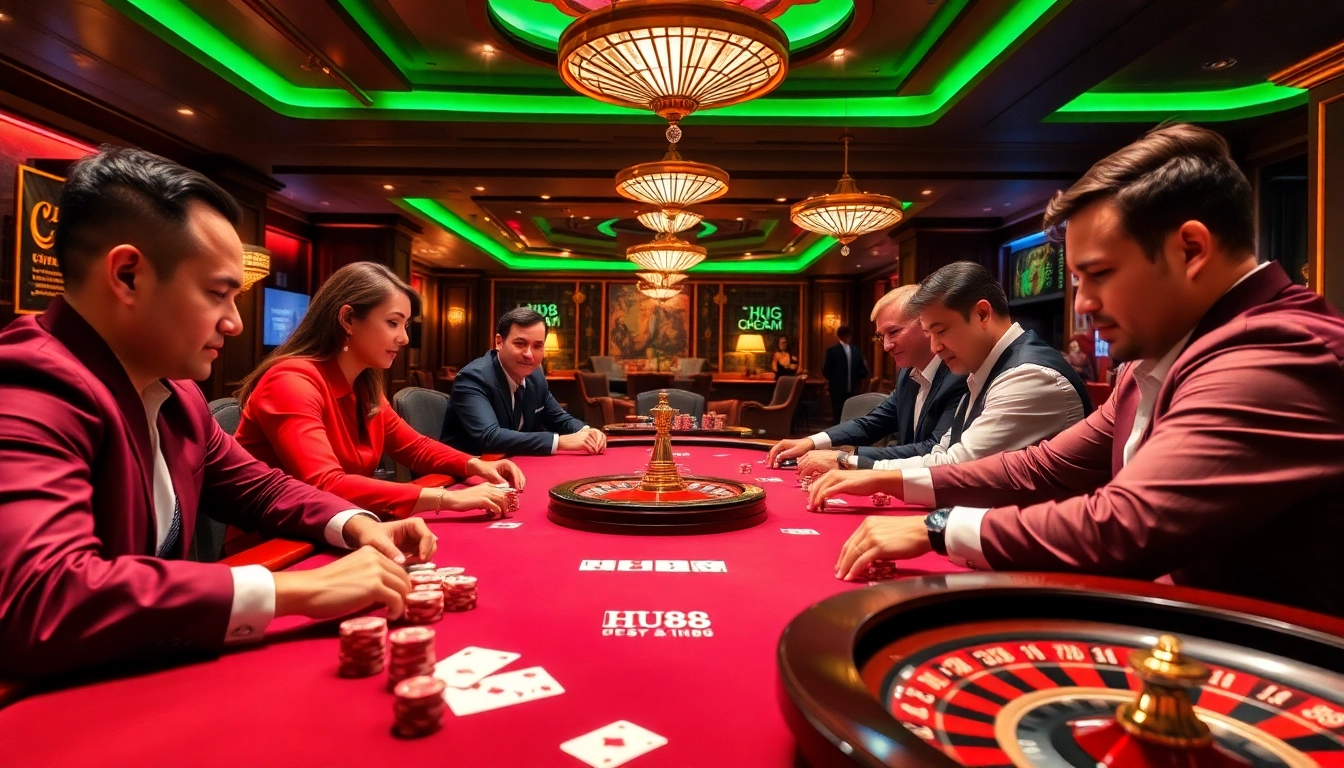 Players engaged in high-stakes poker at HU88, surrounded by vibrant casino elements and excitement.
