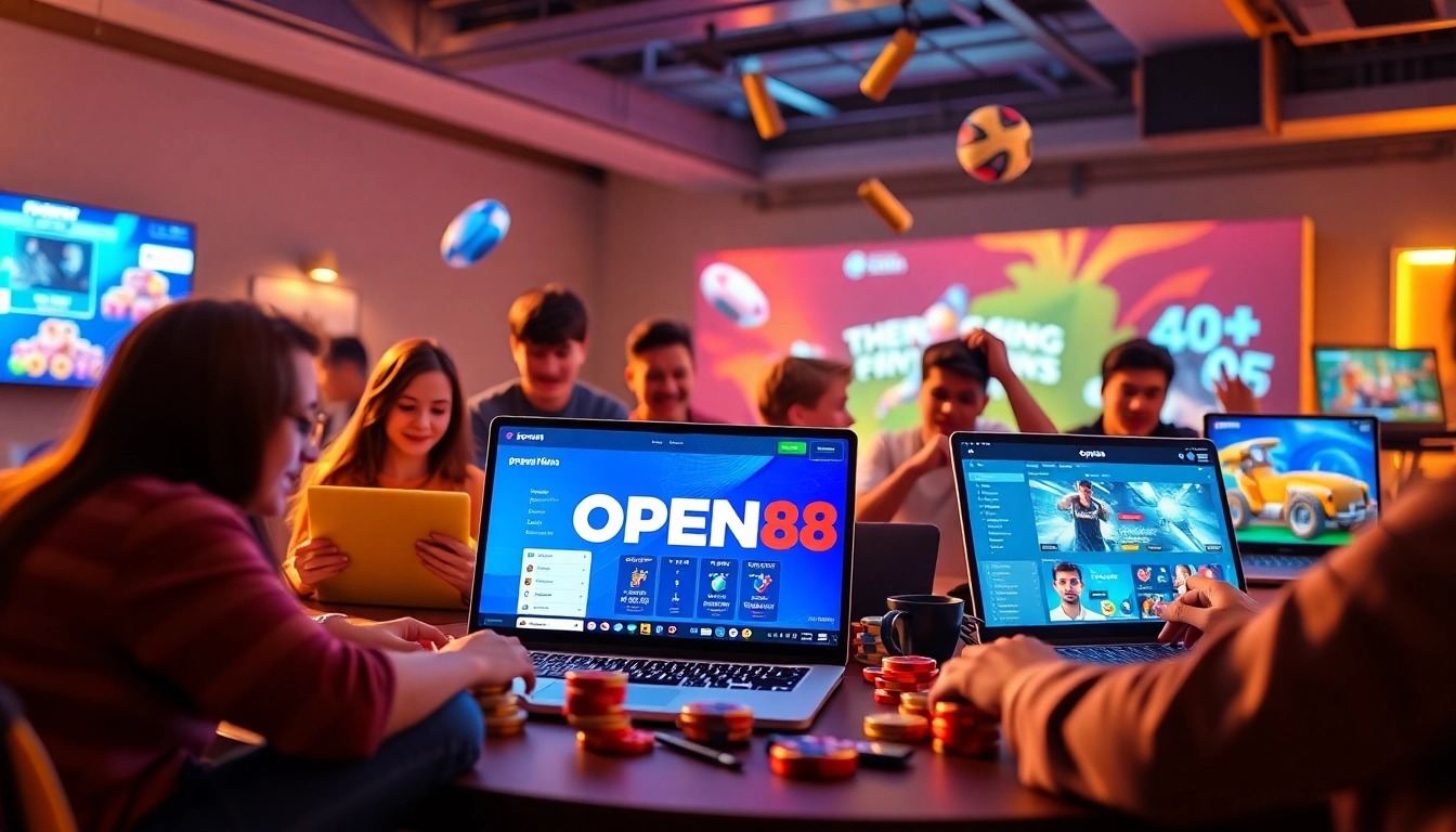 OPEN88 online gaming experience with diverse users engaging on devices, showcasing excitement and modern interface.