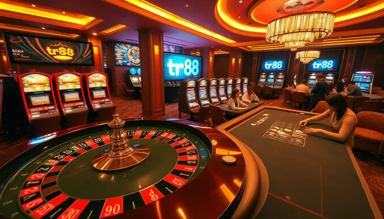 Experience the thrill of the roulette table at tr88 casino, showcasing vibrant slot machines and engaging gameplay.