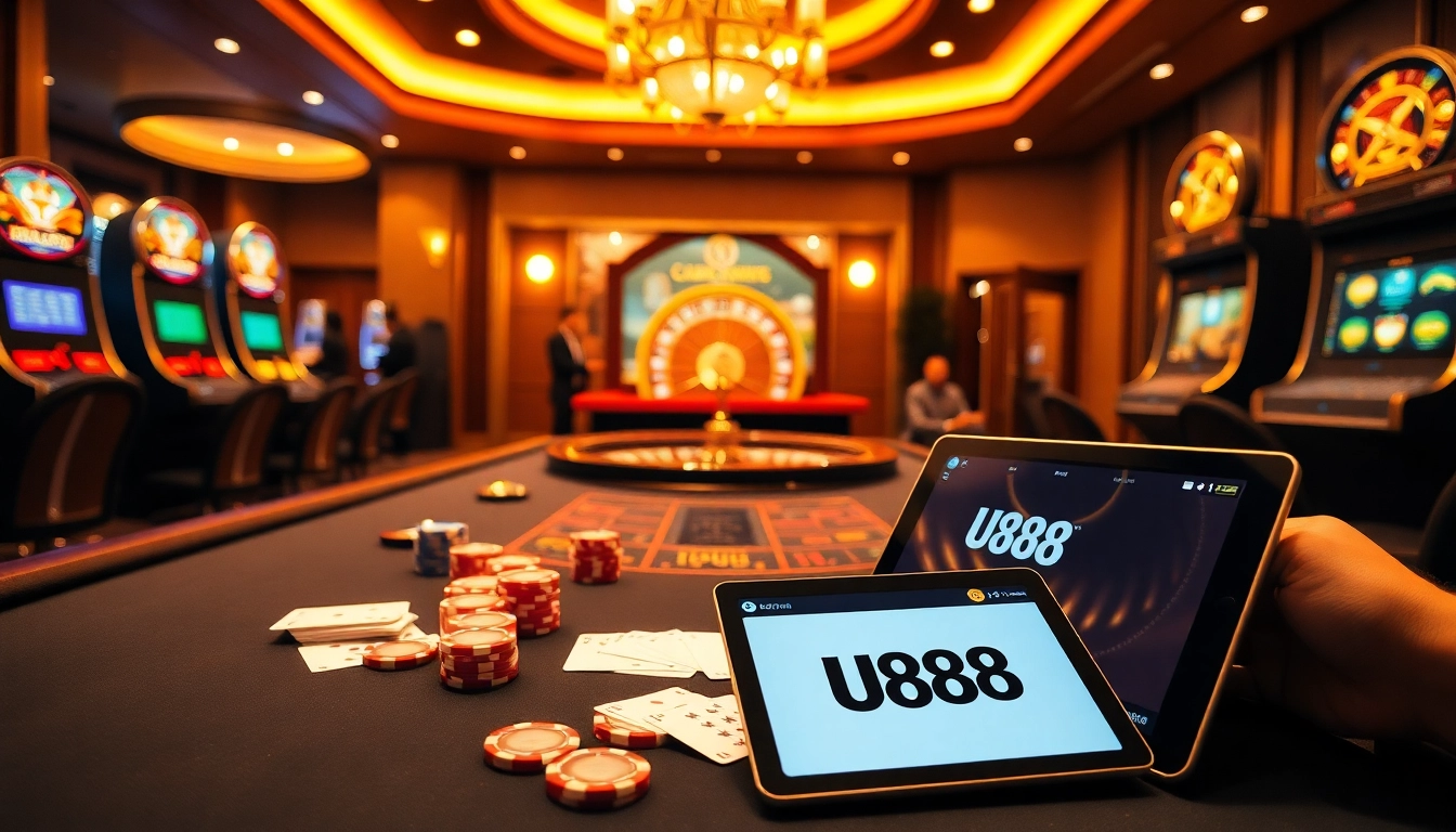 Experience the thrill of U888 at a luxurious casino table with vibrant poker chips and roulette at hand.