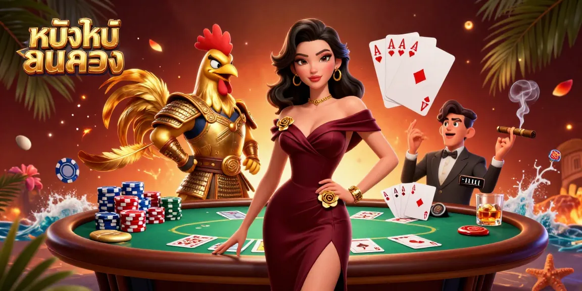 Engage with หนังใหม่ชนโรง as glamorous woman and golden rooster warrior play poker at a vibrant table.